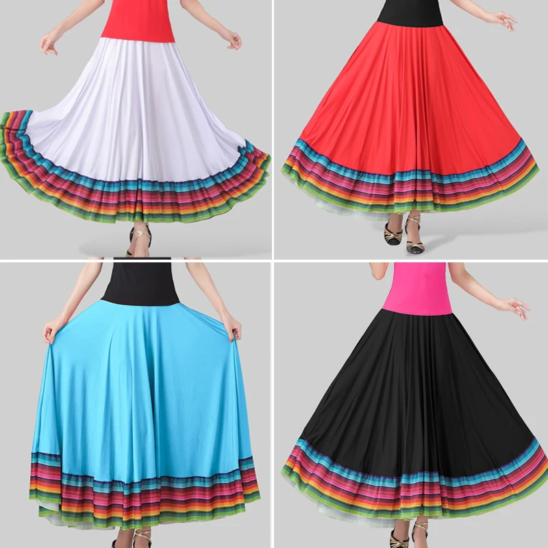 Women's Mid-Length A-Line Skirt Square Dance Skirt Elastic Waist Dance Skirt Rainbow Skirt Social Dance Ethnic Style Skirt