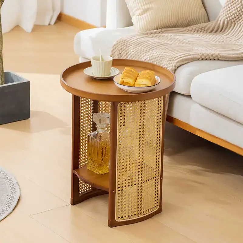 BP71 Creative Round Bamboo Tea Table, Sofa Side Table, Japanese Style Small Desk, Balcony Tea Table with Rattan Weave Feature