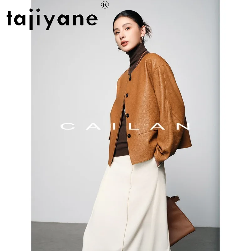 TAJIYANE Litchi‑Grain Top Layer Goatskin Genuine Leather Jacket Women Coats Round Neck Outerwear Short Jackets Spring Jaqueta