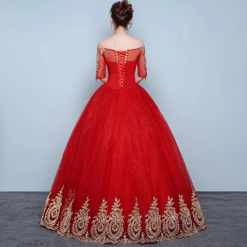 Cheap Red Tulle Wedding Dresses Off the Shoulder Half Sleeves Golden Appliques Princess Floor-length Plus size Ball Gowns XN103