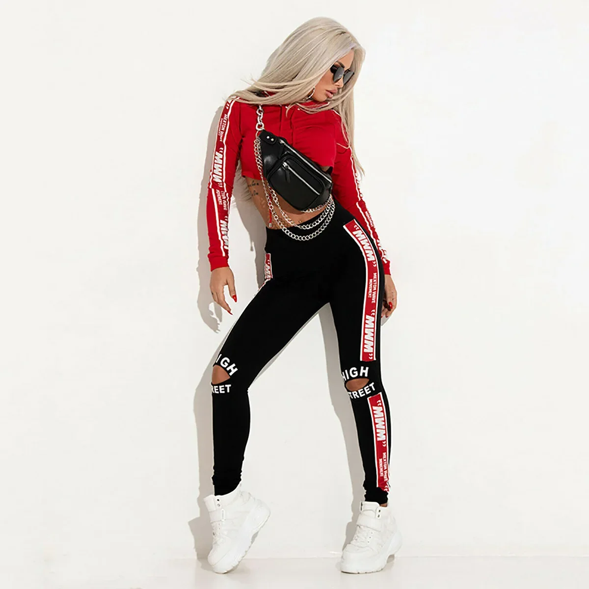 Oshoplive Women Fashion Letter Printed Crop Hoodies Long Sleeves Tops & Holes Pants Sports Suits Gym Sportswear Two Pieces Set