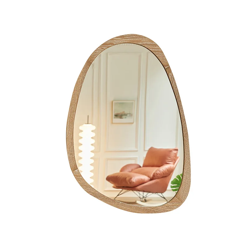 

Modern mid-century style vanity mirror with solid wood frame, irregular art wall mount for porch bedroom or bathroom
