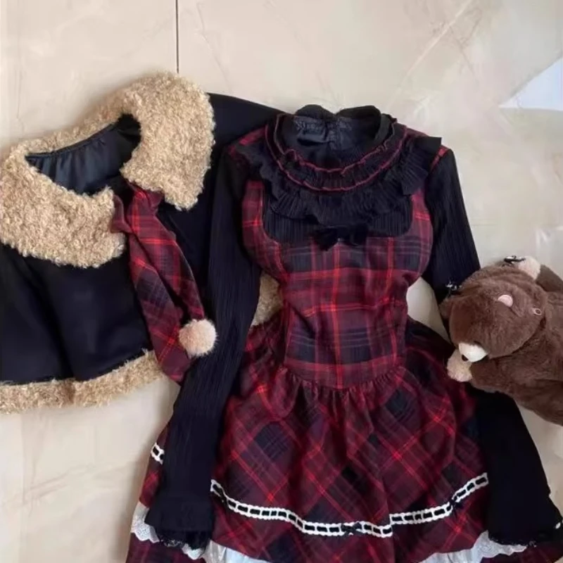 2025 شتاء جديد عيد الميلاد جو المرأة مجموعة أفخم معطف الرأس وهمية قطعتين منقوشة الربط فساتين قطعتين مجموعات السيدات #2