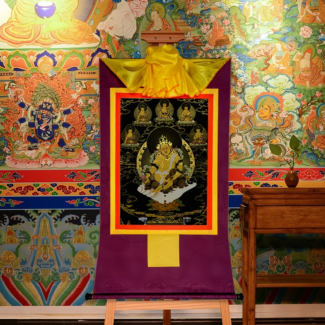 Traditional Yellow Jambhala Black Gold Thangka Scroll, Exquisite Silk Brocade Fortune Blessing Zen Decor