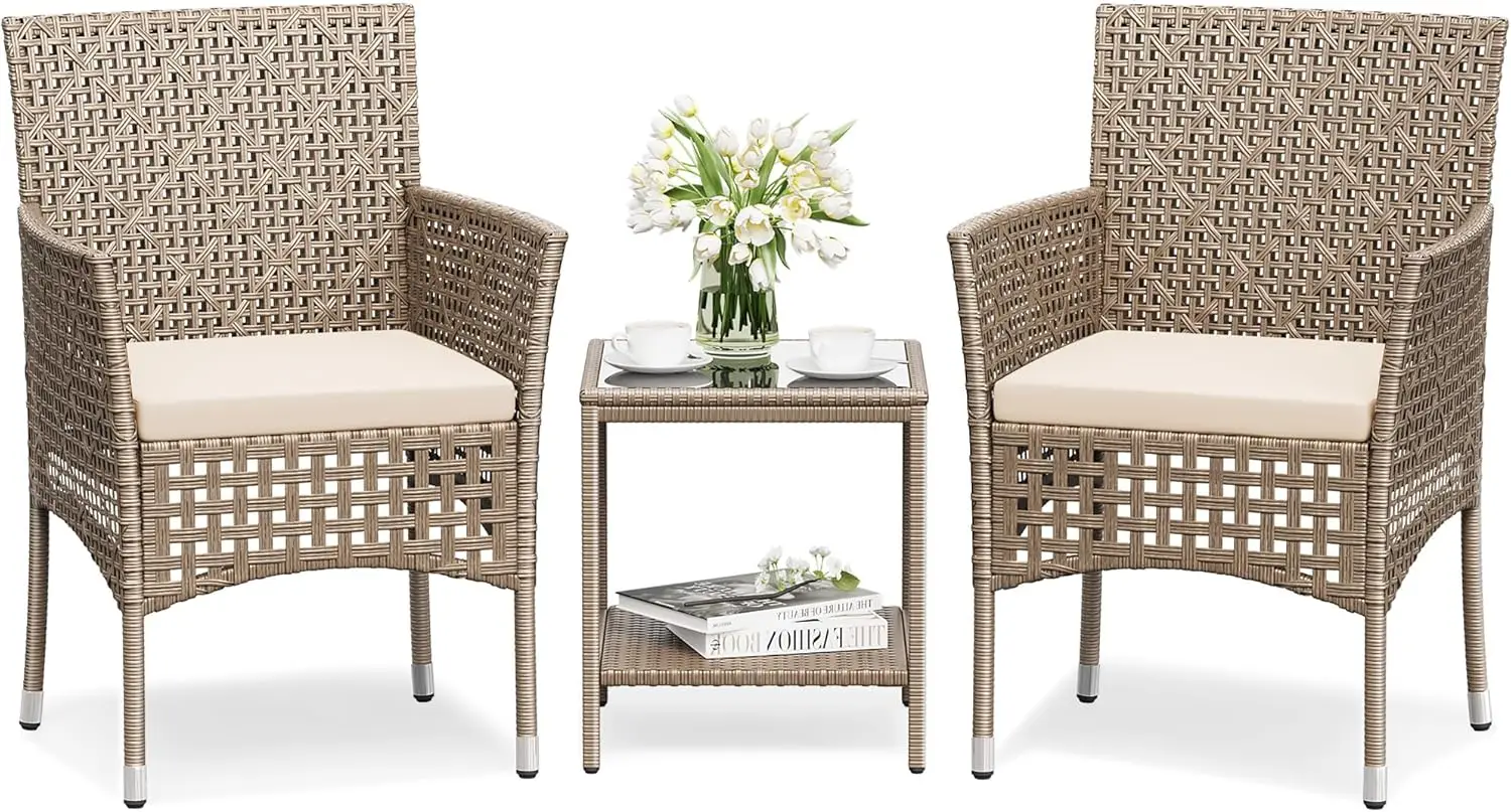 3-Piece Patio Furniture Set,Outdoor Wicker Conversation Furniture Sets Modern Star-Patterned Openwork Rattan Chairs with