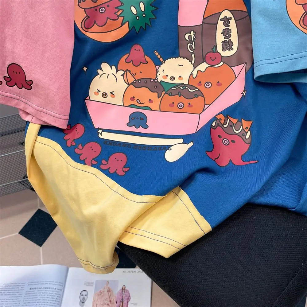 Japanese Harajuku Sweet Women Vintage Cartoon Print Short Sleeve T-shirt Summer Patchwork Tees Y2k Tops Aesthetics Clothes Chic