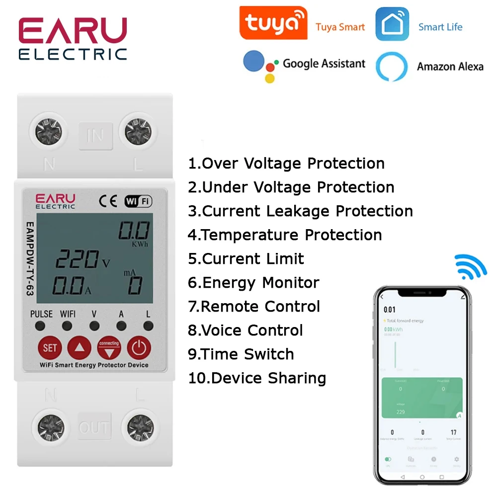 

2P 63A TUYA APP WiFi Smart Circuit Earth Leakage Over Under Voltage Protector Relay Device Switch Breaker Energy Power kWh Meter