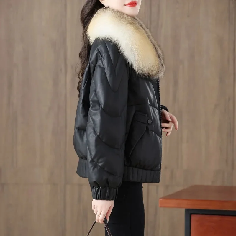 Haining fur Leather down jacket, women\'s sheepskin 2024 new winter short leather jacket, Golden Island fox fur collar Coat Femal