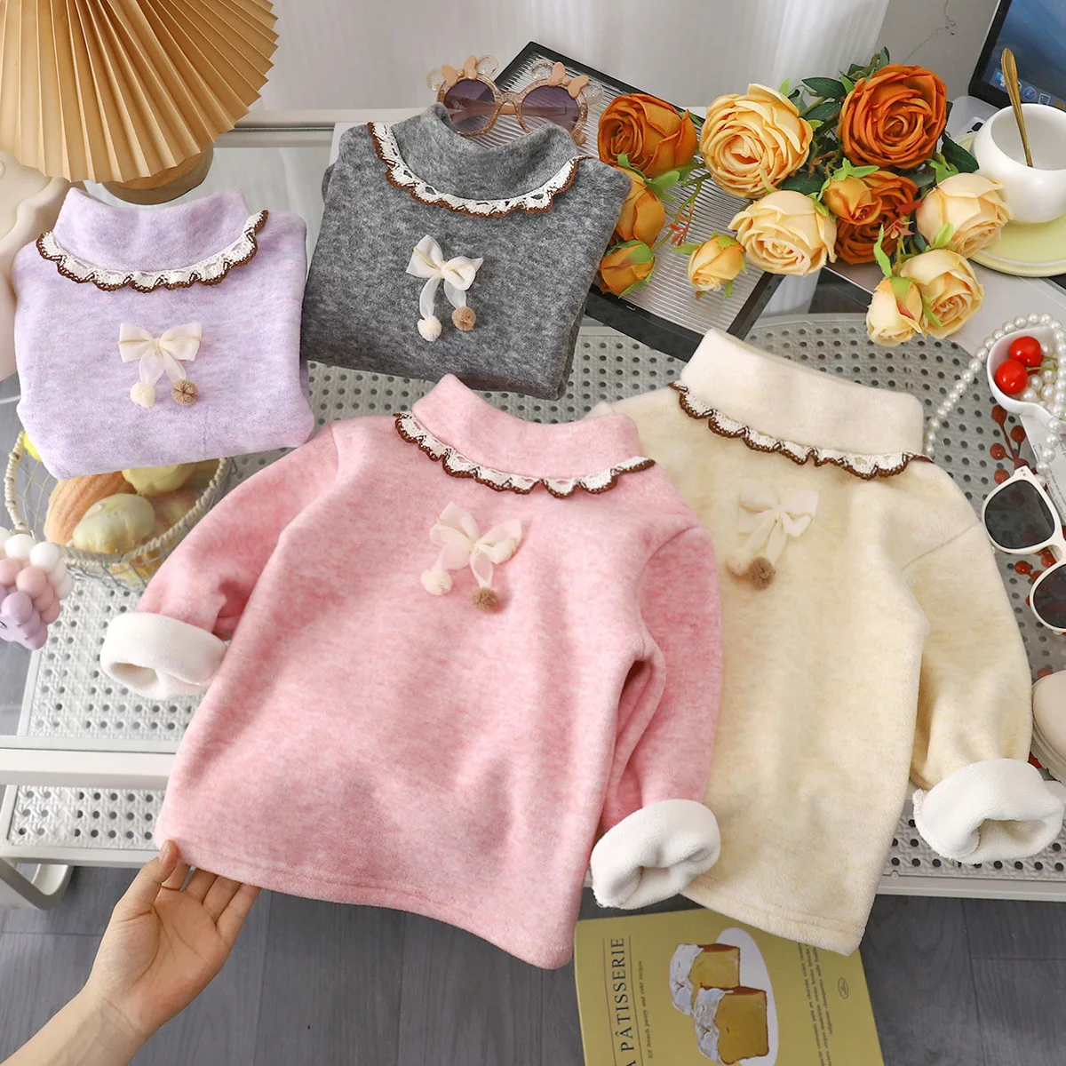 Children's Half-High Neck Kid Thermal Shirt Bow Shirt Winter Girls Fleece-Lined Long-Sleeve Top Baby Girls' Thickened Base Layer