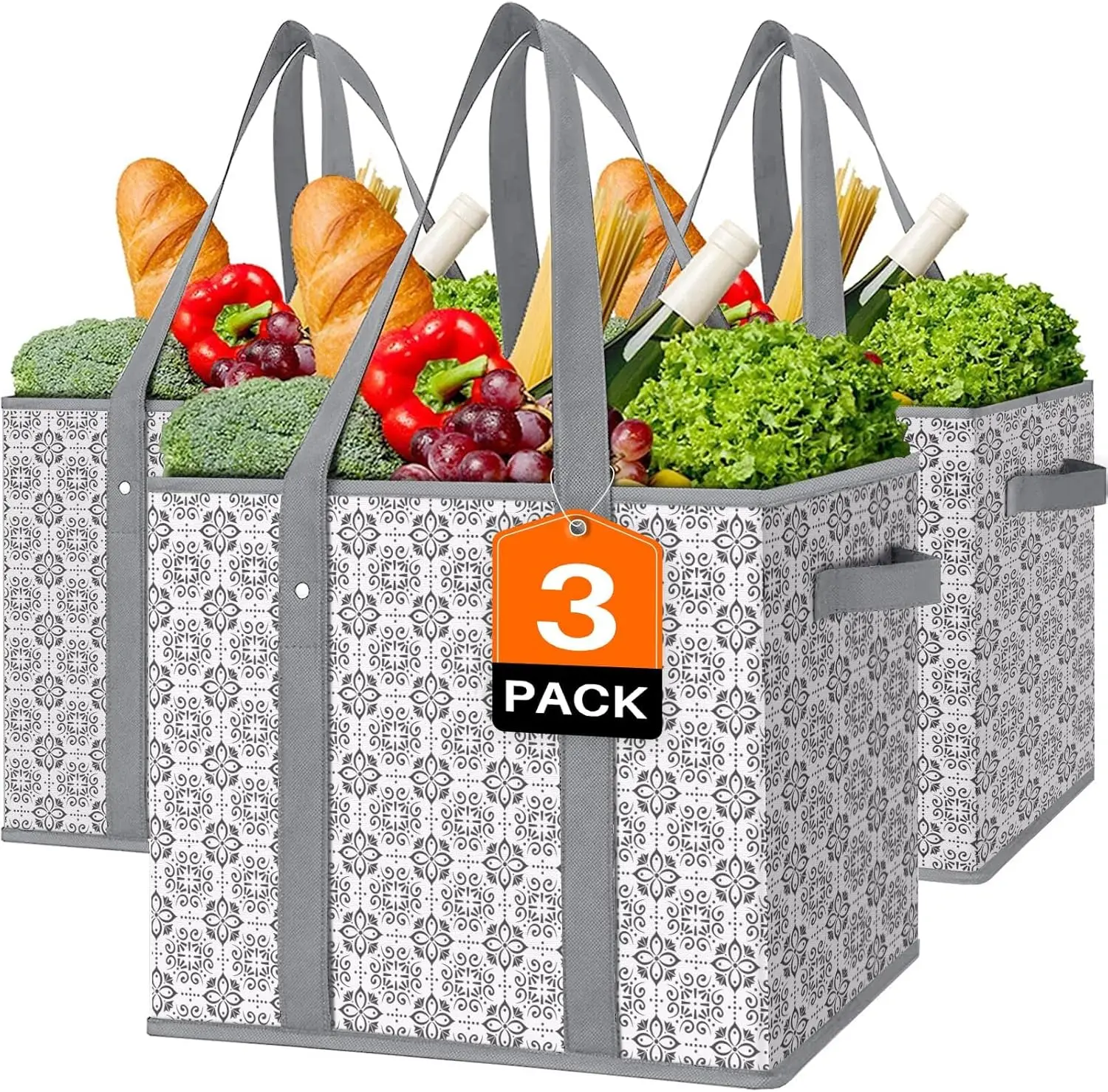 

Large Water-Resistant Foldable Grocery Tote Bags, 3-Pack for Shopping, Picnics, and Storage