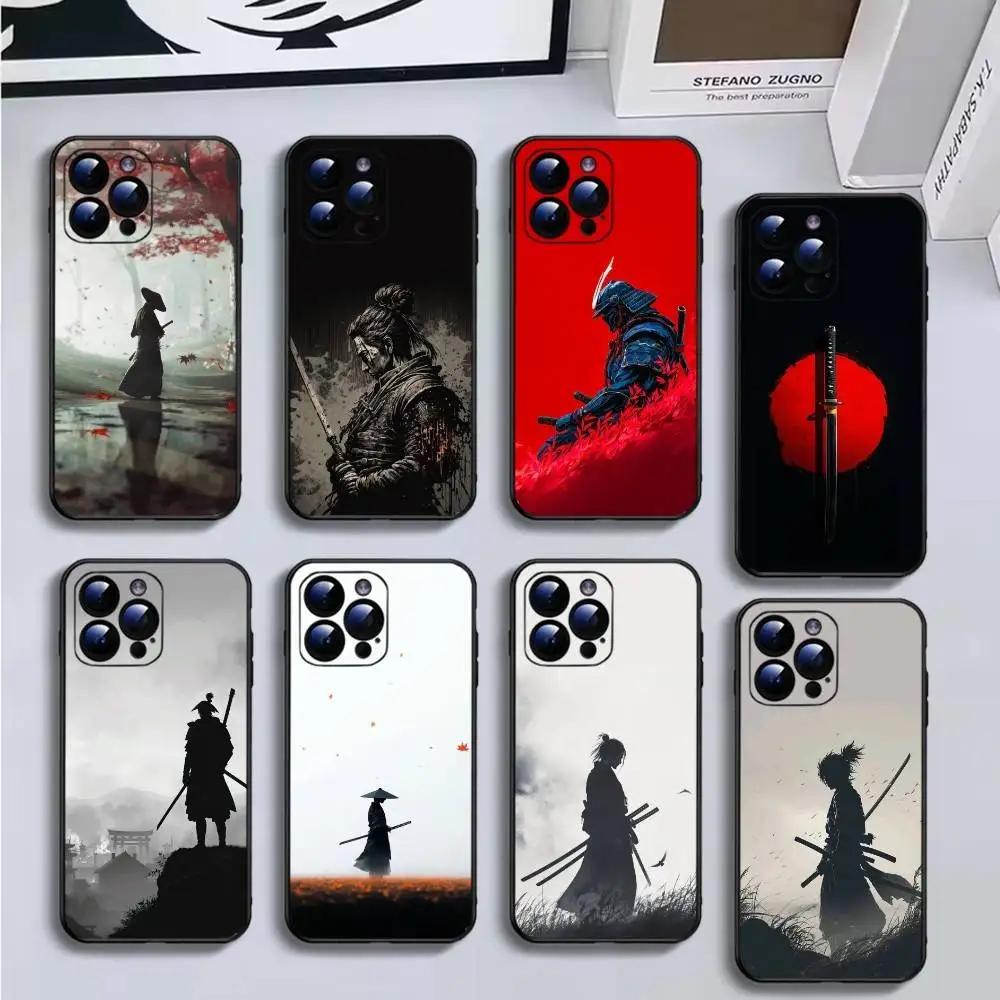 Japanse Bushido Samurai telefoonhoesje voor iPhone17,16,15,14,13,12,11 Plus, Pro Max, zachte zwarte hoes