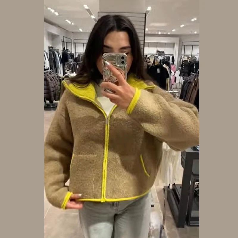 ﻿ المرأة خمر صوف الضأن معطف قصير شيك اللون حظر طويلة الأكمام التلبيب سترة دافئة 2025 الخريف جديد سيدة ركاب ملابس خارجية