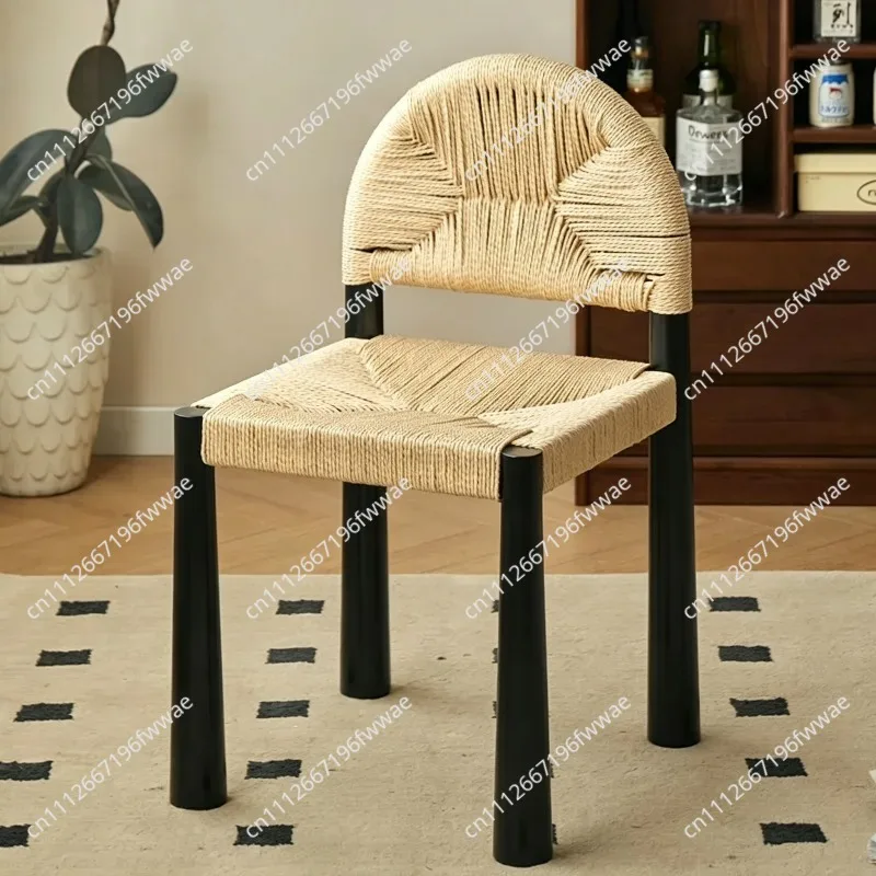 Vintage Solid Rope Weaving Chair Minimalist Cream Style Single Seat Designer Dining Chair Creative Backrest Modern Furniture