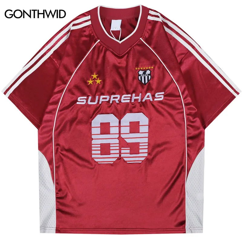 

Vintage T-Shirts Y2K Embroidered Racing Sport Patchwork Streetwear Tshirt Men Hip Hop Harajuku Casual Baggy V-Neck Tops