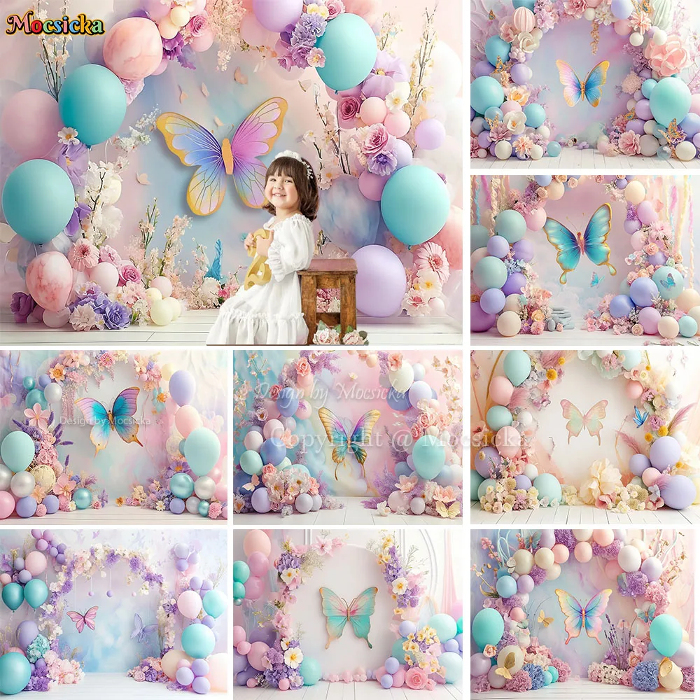 

Sweet Butterfly Girl 1st Birthday Cake Smash Photography Background Pink Arch Balloon Wall Floral Backdrop Kids Photozone Studio