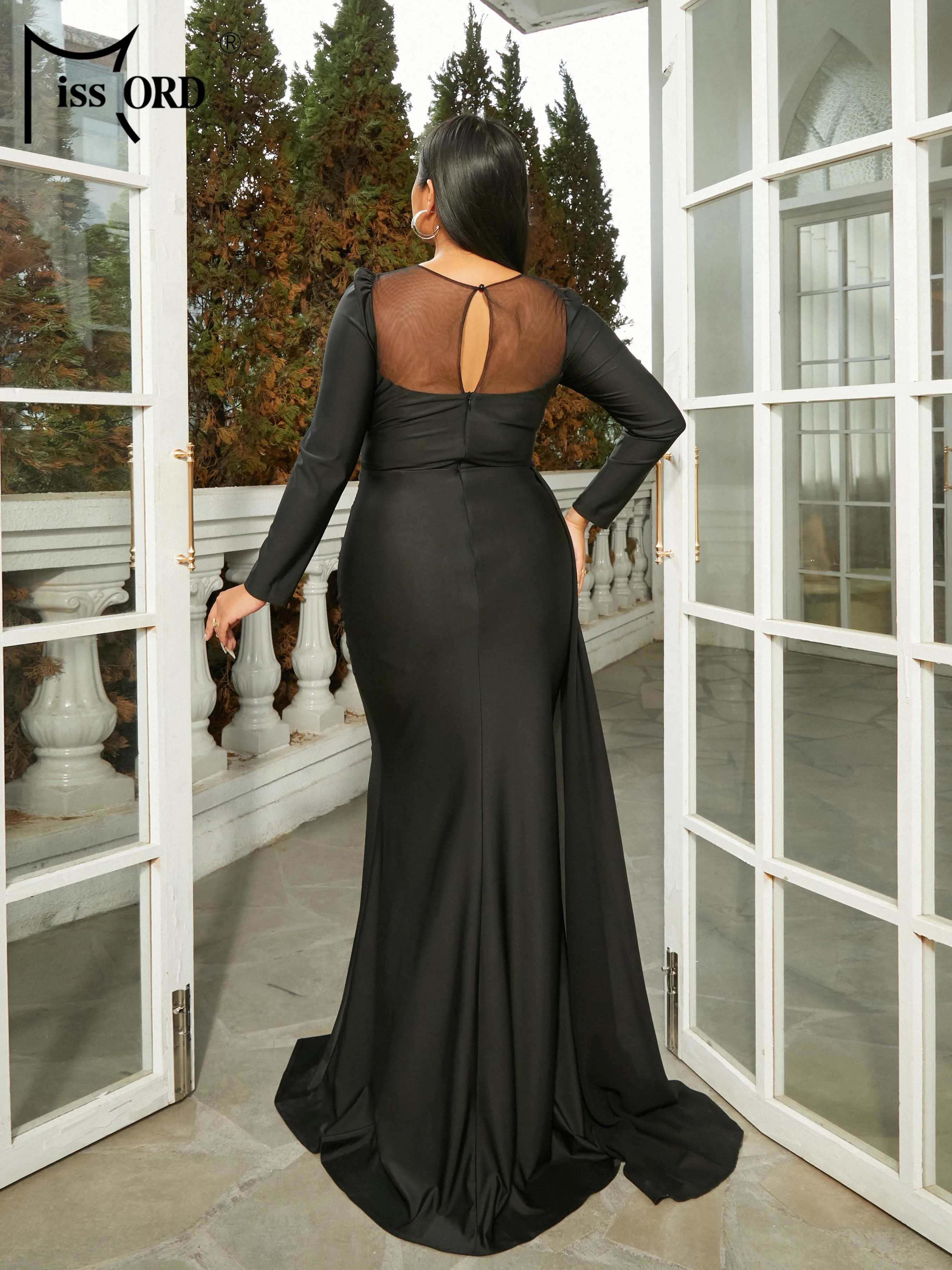 MIssord Black Plus Size Evening Dress Women Long Sleeve O-Neck Appliques Draped Bodycon Maxi Mermaid Party Dresses Prom Gown