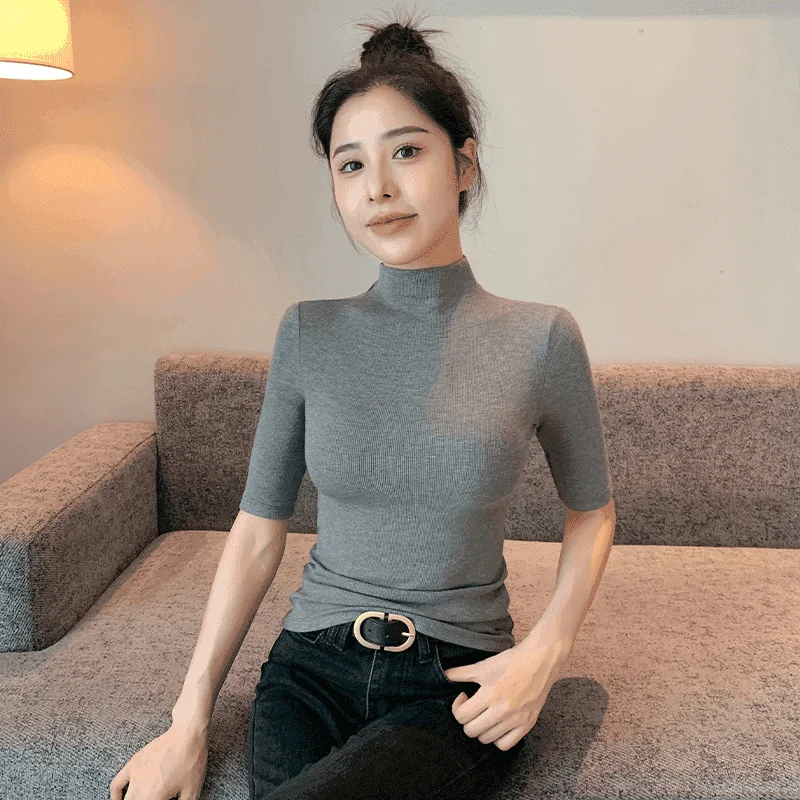 Camiseta Faion Slim Fit f de cuello alto Five Sve para mujer, Base de Color puro irt, Top de otoño e invierno, camiseta de calidad para mujer