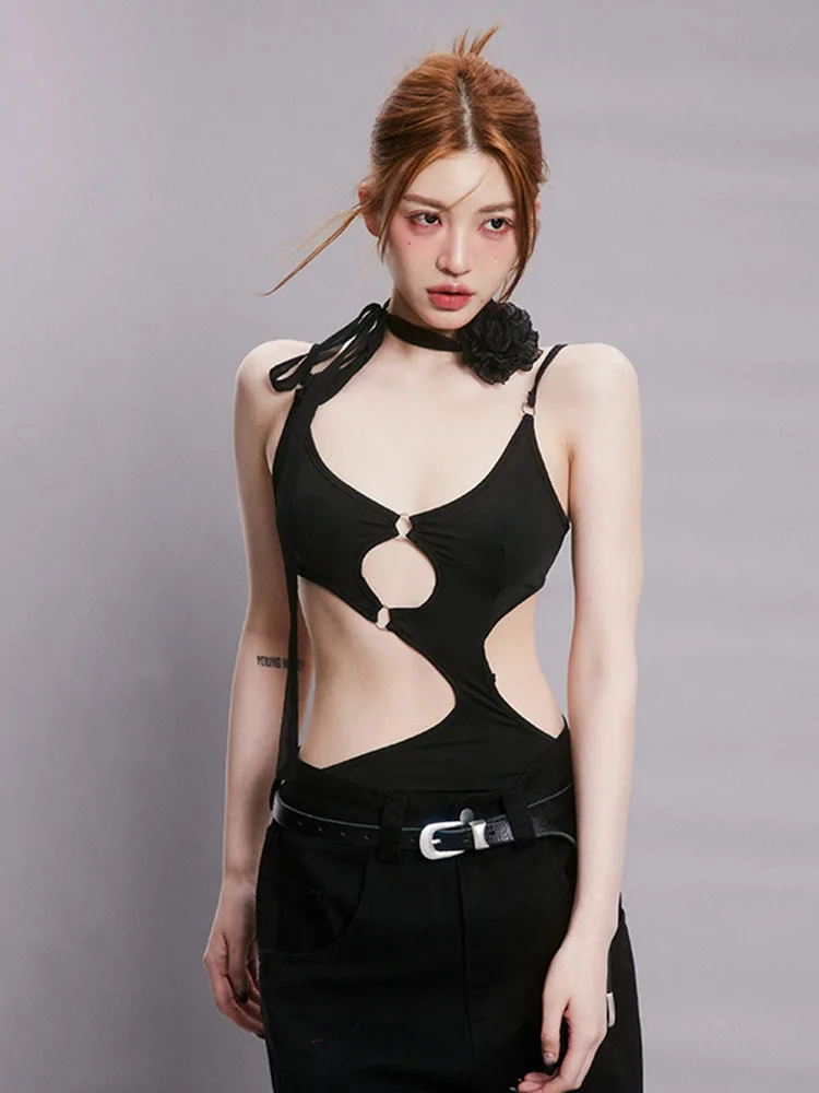 المرأة بلا أكمام الخامس الرقبة السباغيتي حزام ارتداءها الأسود الجوف خارج الهذيان القوطي الزي الخلفي هوك إغلاق فاسق الأعلى #1