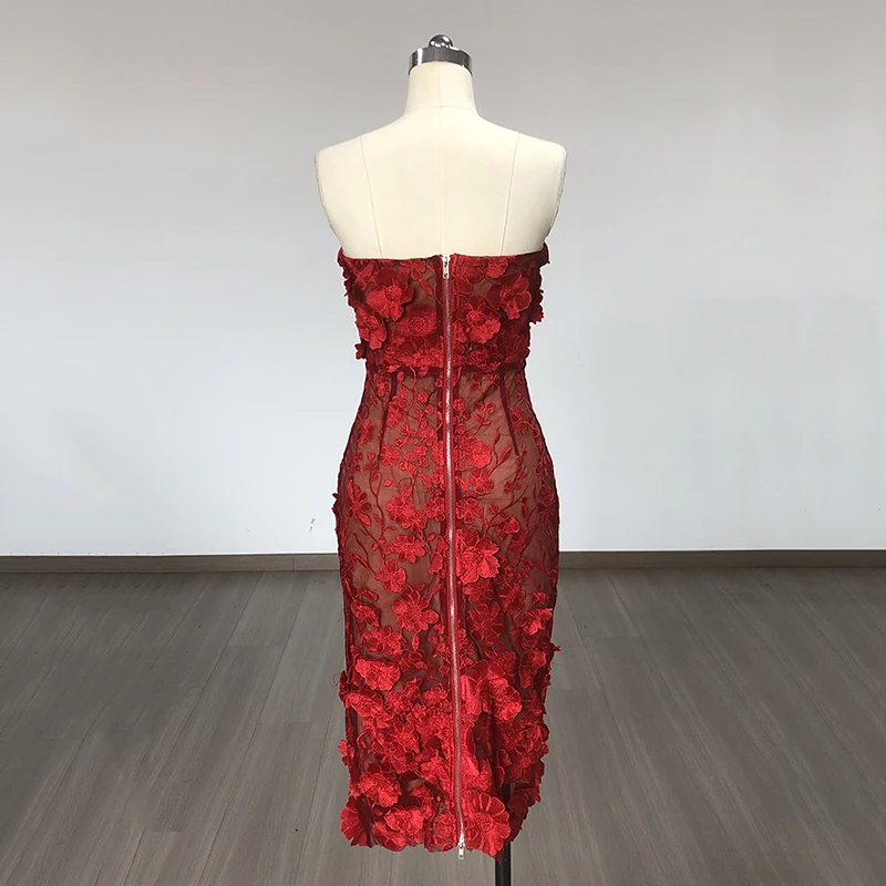 New Red Color Women Strapless Embroidery Flowers Bodycon Midi Bandage Dress Fashion Celebrate Birthday Evening Party Dress