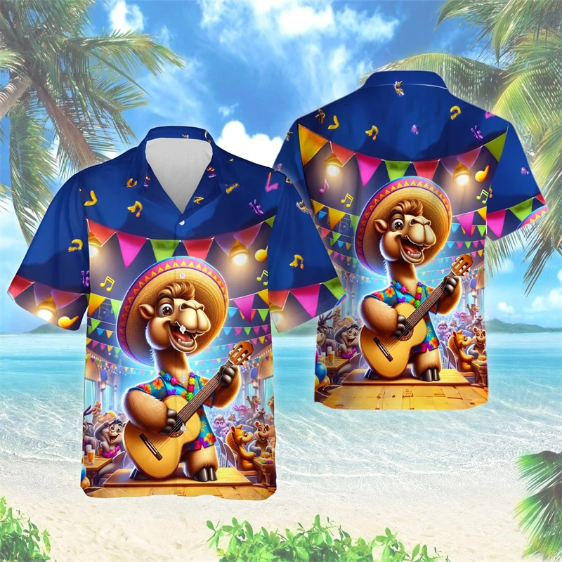 Camisa de playa con estampado 3D de camello divertido para hombres, camisas hawaianas informales, ropa Aloha Animal Lover, Blusa de manga corta con solapa para niño del desierto