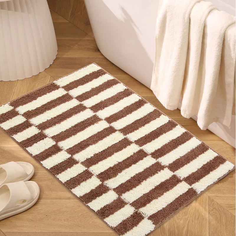Nordic Plaid Absorbent Bathroom Floor Mat Geometric Printing Flocking Non-Slip Carpet Thickened Soft Foot Rug for Toilet Bathtub