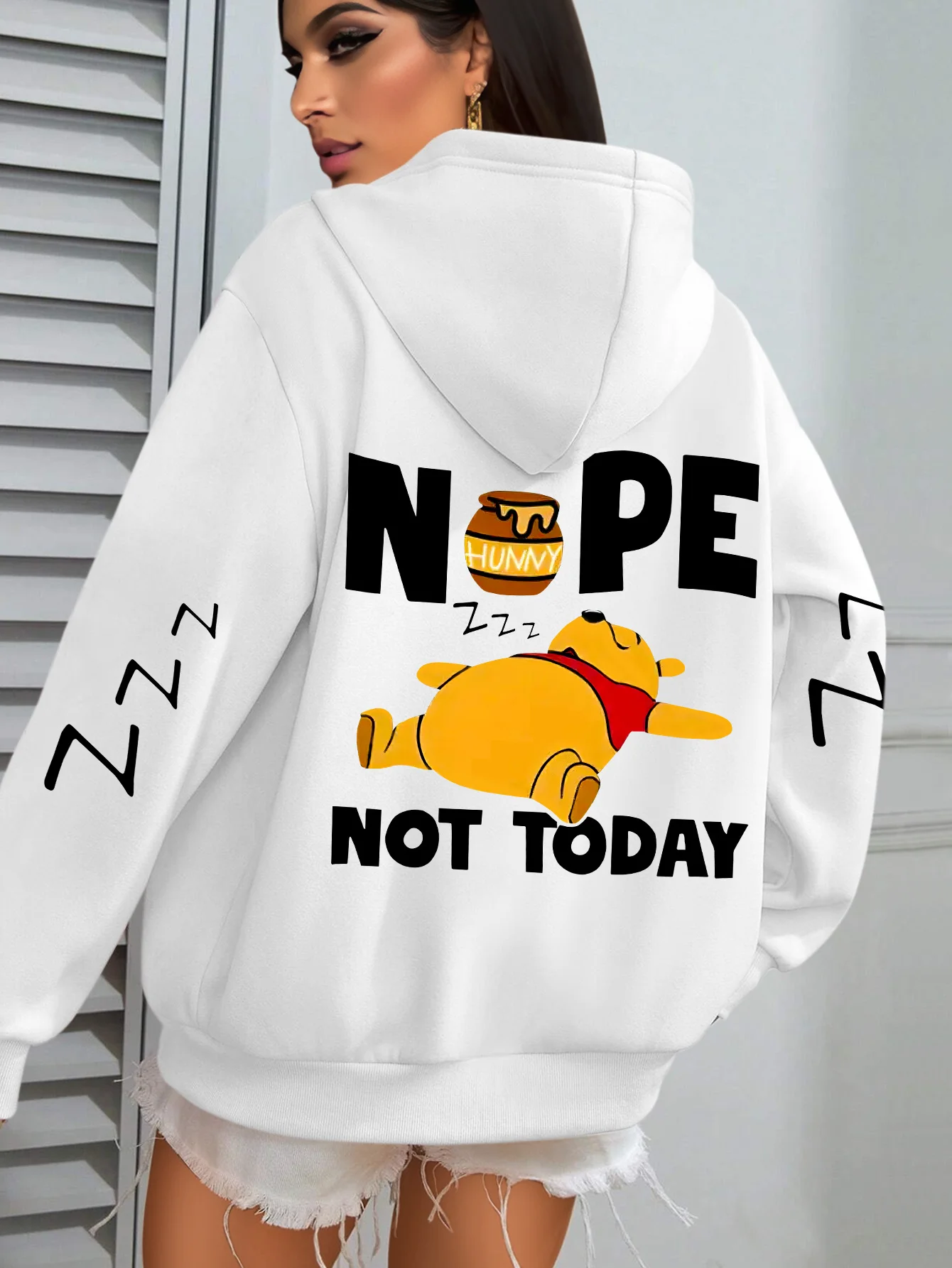 Disney winnie the pooh feminino padrão outono e inverno velo moletom com capuz unisex streetwear oversized solto casual