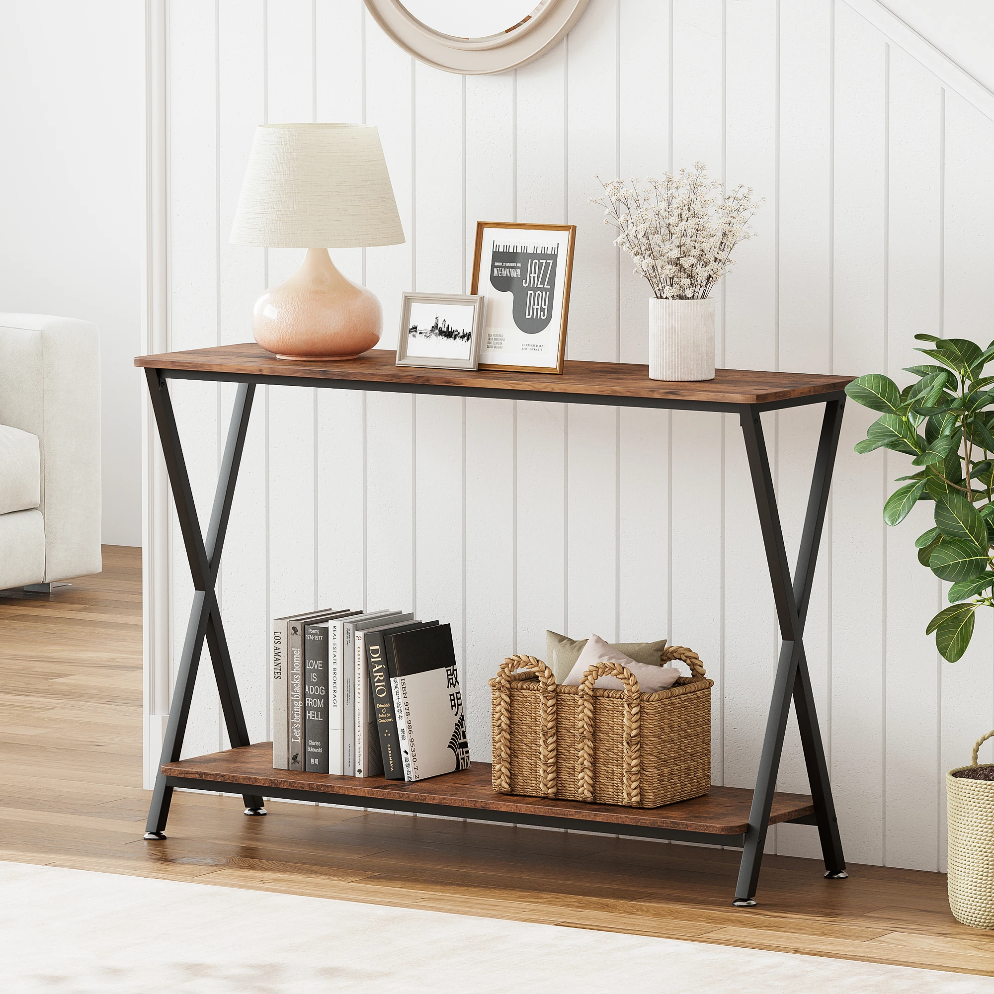 

41.3 inch Console Table, Sofa Tables Narrow Entryway Table with Outlet, Shelf and Metal Frame, Behind Couch Table Hallway Table