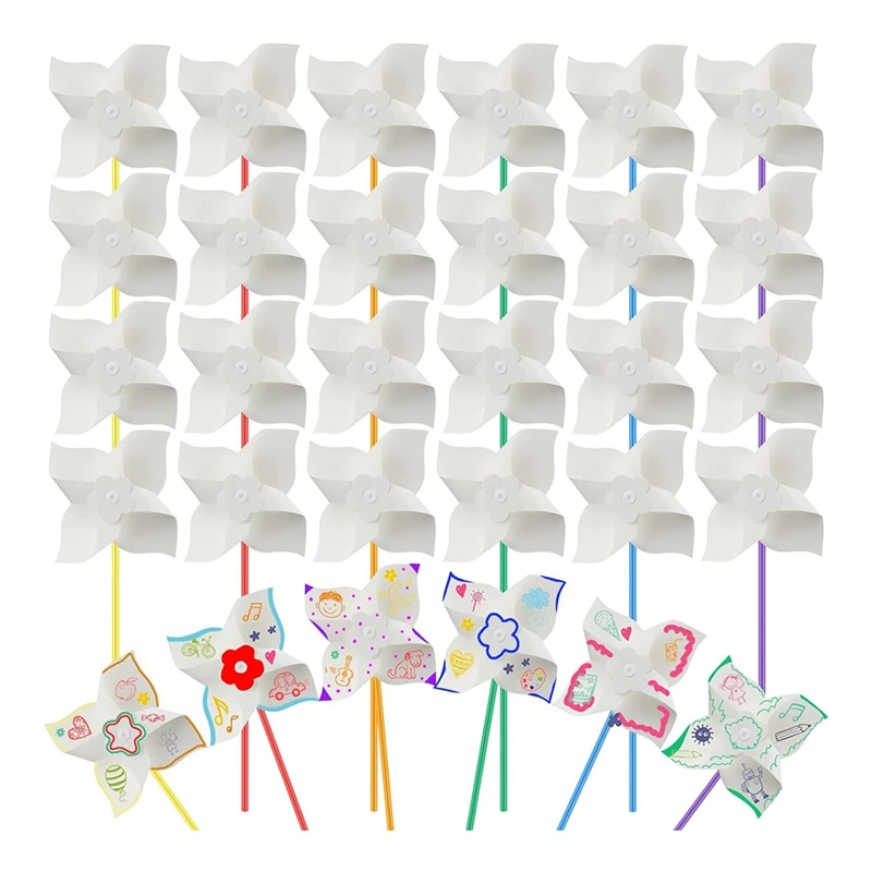 

48 Pcs DIY Pinwheels Craft White Blank Paper Pinwheels Color Your Own Pinwheels For Kids Summer Activity Arts