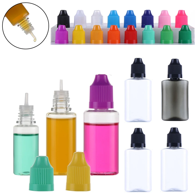 10 Stuks Helder En Zwart Plastic Huisdier Flat 30Ml Druppelaar Lege Fles Oog Vloeibare Olie Tattoo Inkt Vape Container Lange Tip Dop Met Trechter