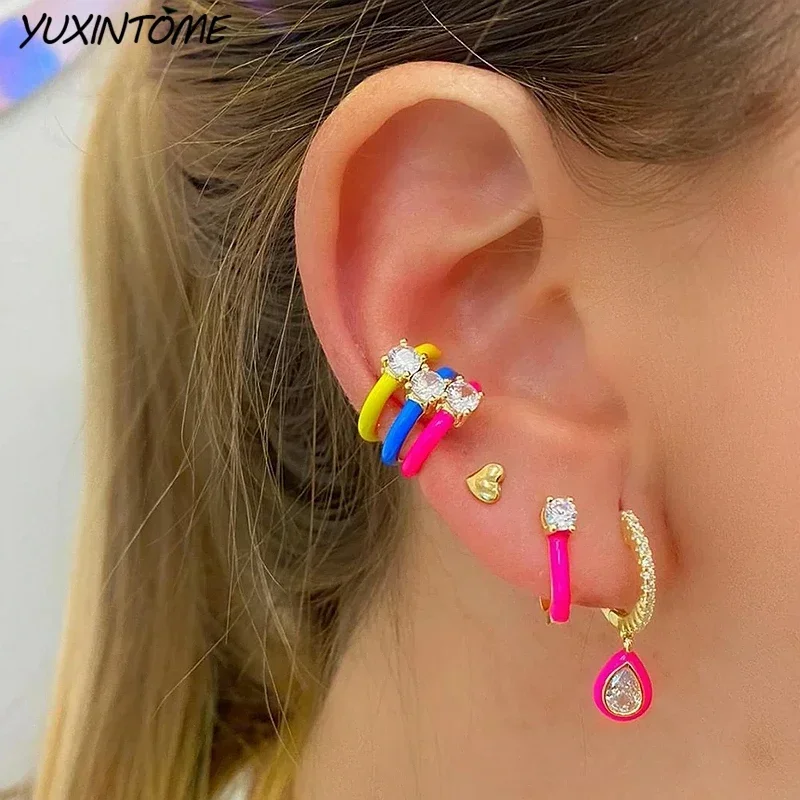 925 Sterling Silver Needle Colorful Enamel hoop Earrings for Women Trends Punk Gold Earrings Party Jewelry Fashion Accessories