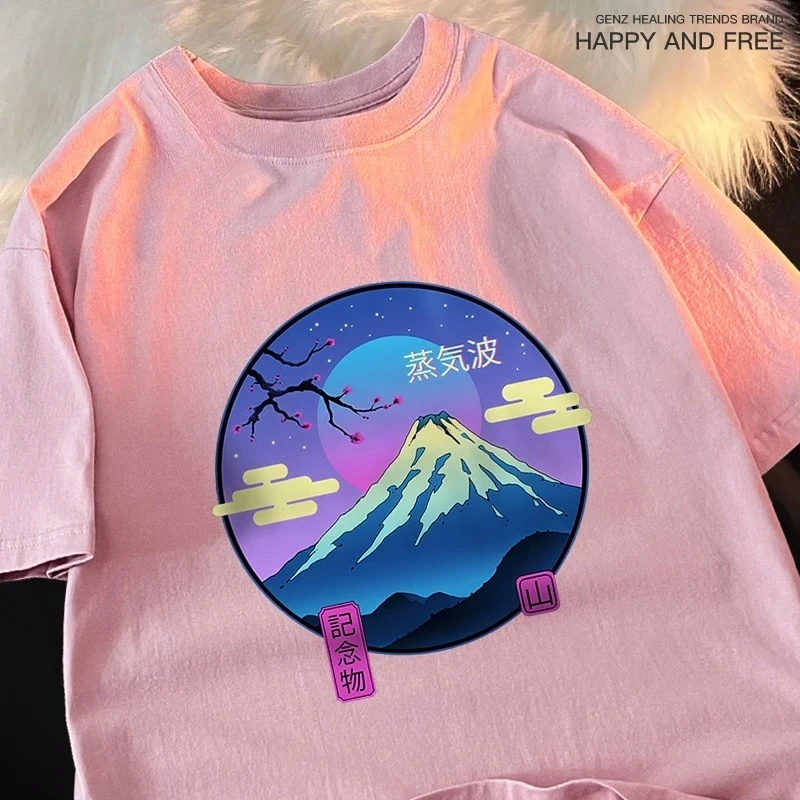 Japanese Harajuku Sakura Mount Fuji Woman T-Shirt Loose Tee Clothes Summer Hip Hop Tshirt Casual Crewneck Harajuku Tee Tops