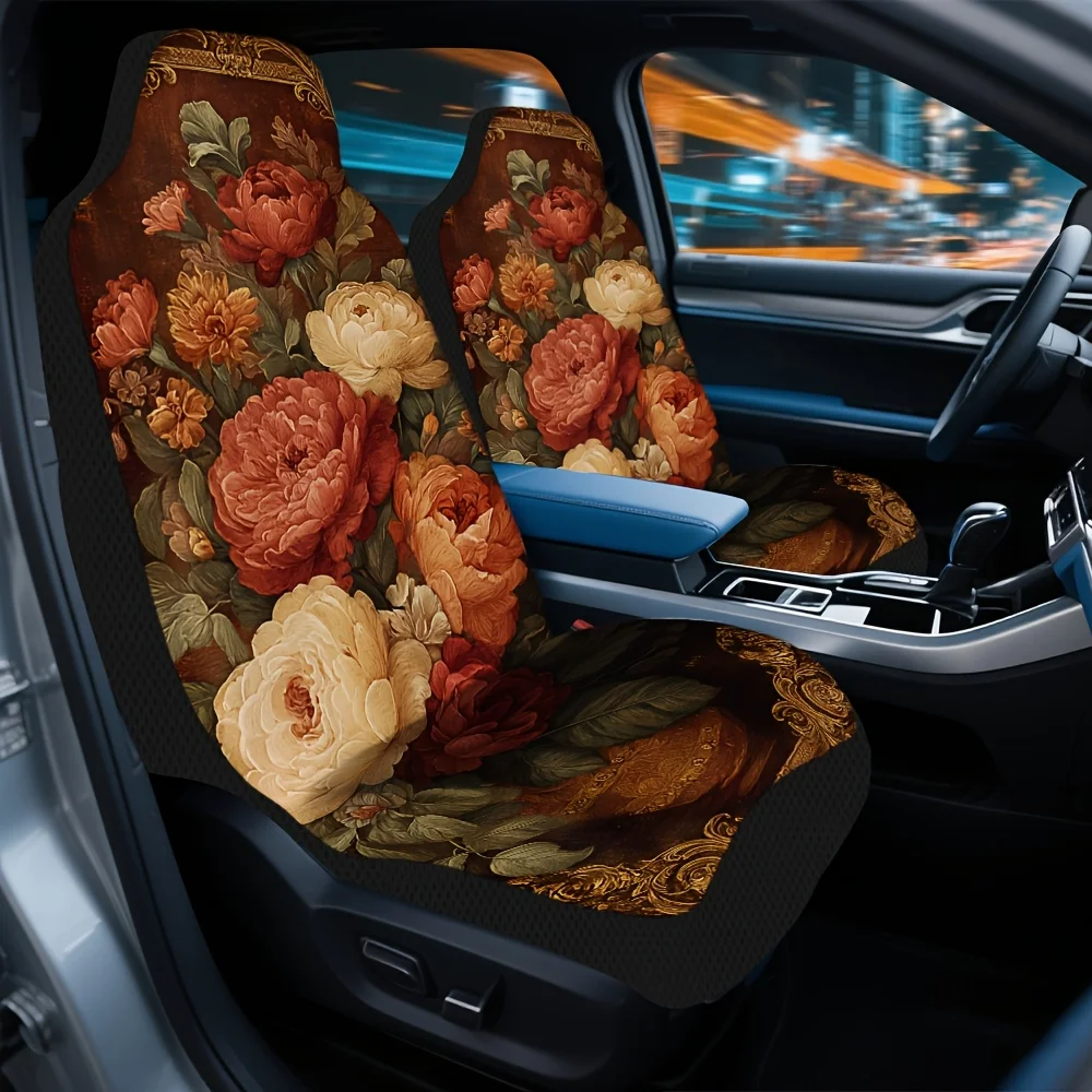 2pcs Vintage Rose Bouquet Themed Seat Cover Set – Full Set, Fit, High-Quality, Durable, And Stylish Front Seat Covers For Most