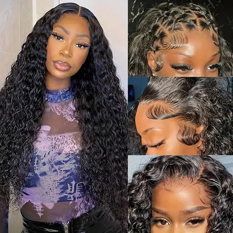 13x6 HD Lace Frontal Wig 150 Density Natural Black Deep Wave 26 Inches Transparent Curly Closure PrePluck Human Hair Wig