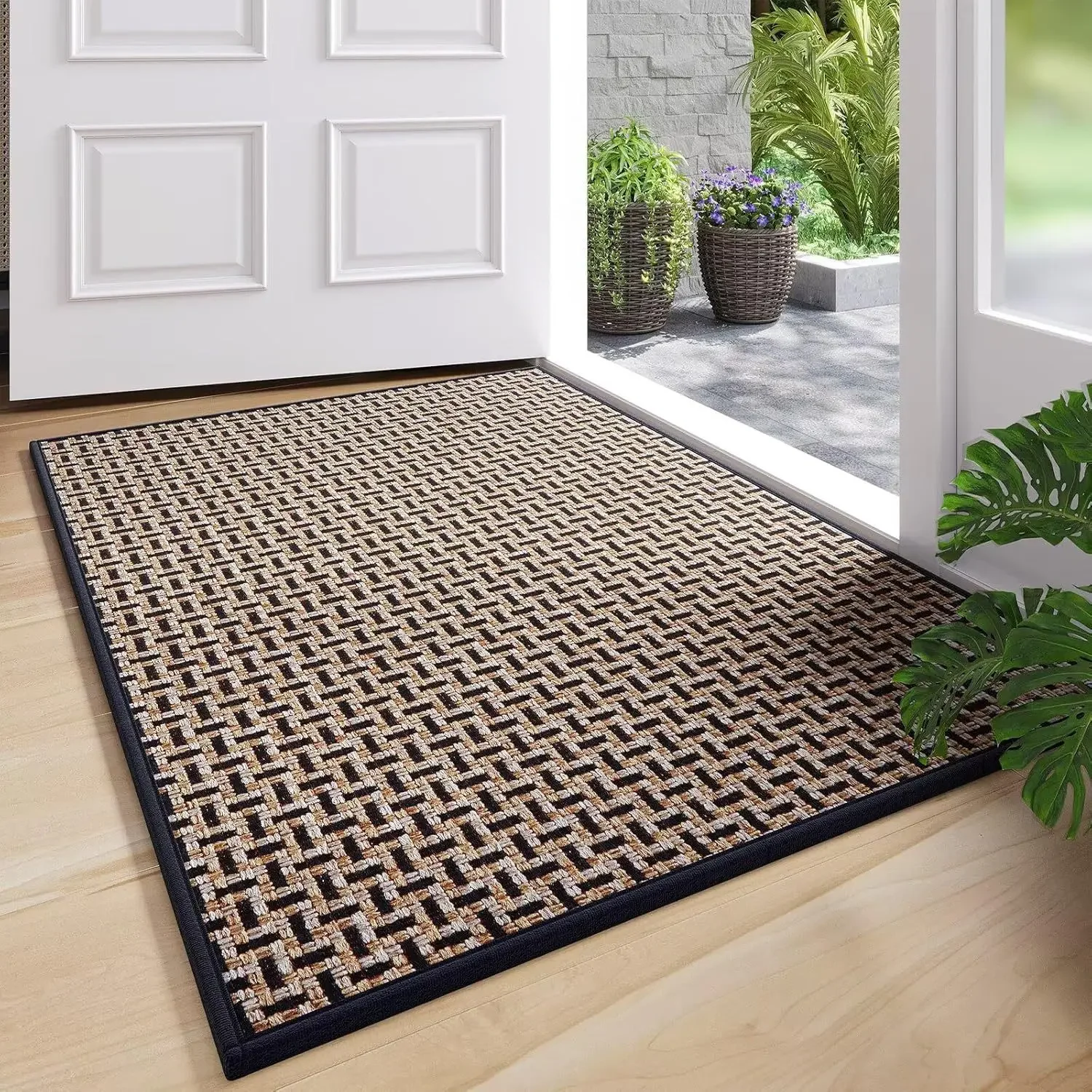 Polyester Woven Geometric Doormat, Outdoor Entrance Rug, Dirt Dust Trapper Water Absorbent, Wear Resistant for Porch Doorway