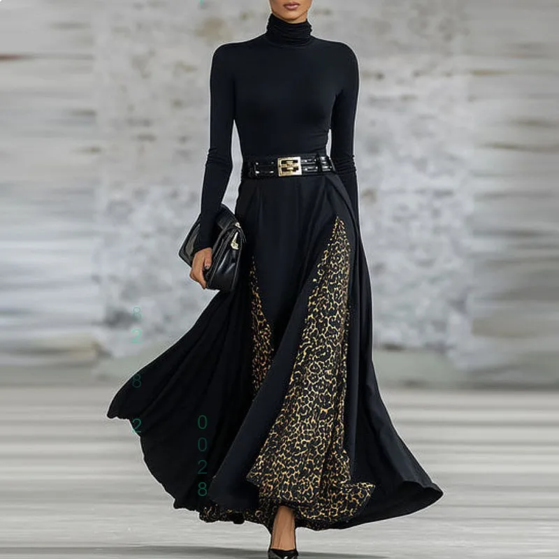 

Sexy Black Leopard Print Patchwork Long Sleeve Dress Bodycon Jumpsuit Spring Summer