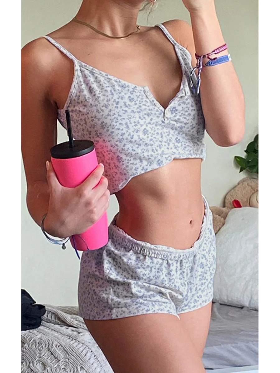 Blue Floral Tank Tops Shorts Pajama Set Woman Summer Three Button Slim Vests+Straight Boxer Short Pants Cotton Home 2 Piece Sets