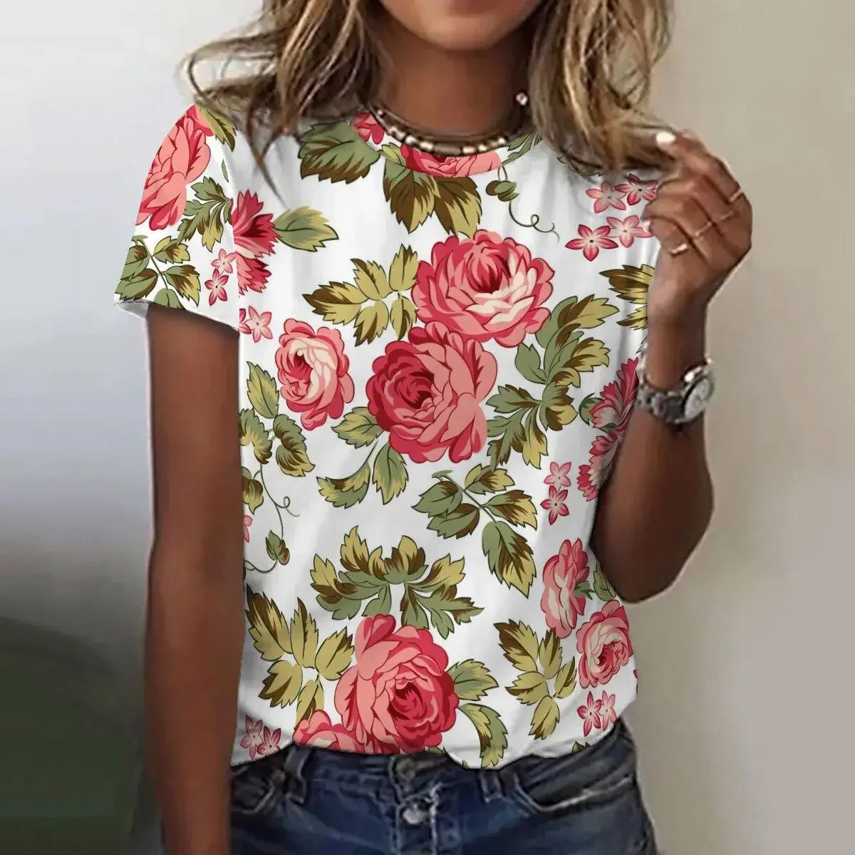 New Painted 3D floral print round neck short sleeve women\'s clothing Y2k Korean fashion women\'s clothing niche T-shirt clothing