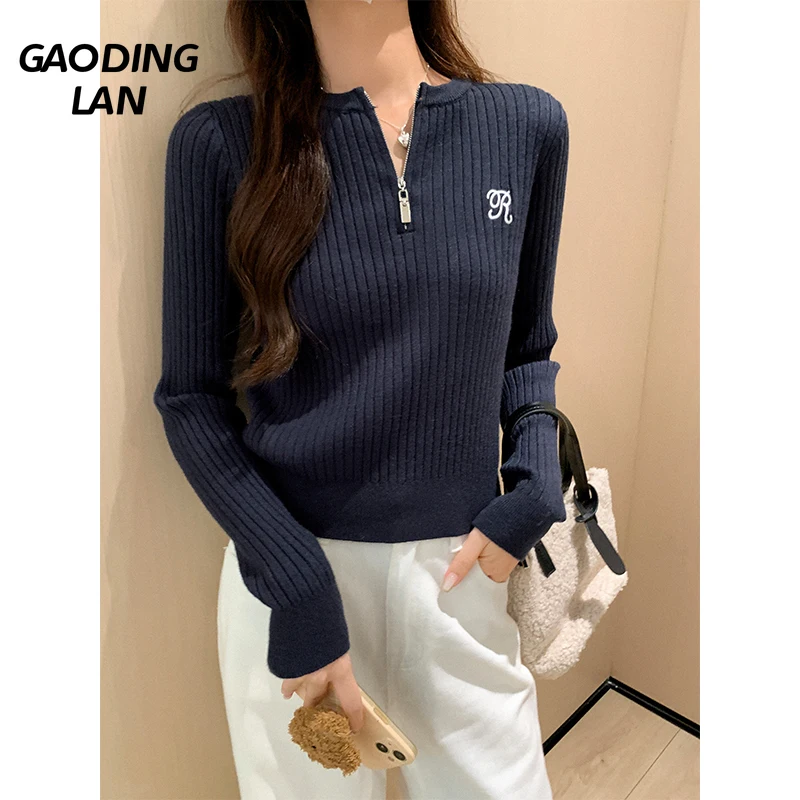 

Autumn Winter Zipper Half Open Collar Women Tops Autumn Winter Embroider Long Sleeve T Shirts Female Slim Short Tees Versatile