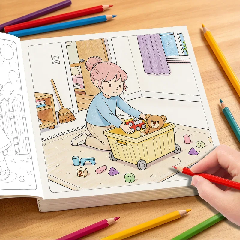 1 Children's Fun Life Graffiti Coloring Book, Include Daily Scenes Such As Reading in The Study, Baking in The Kitchen, 24 Pages
