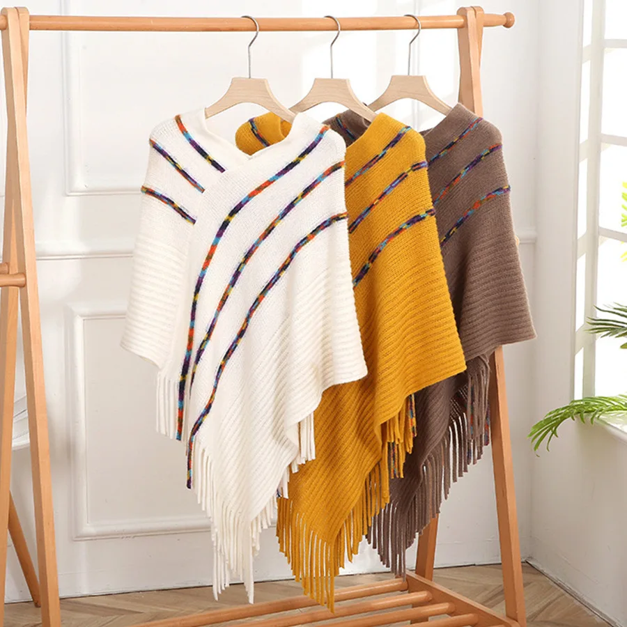 Eid Al-Fitr New Ethnic Style Striped Shawl Women's Color Fringed Pullover Knitted Cape with Long Outside