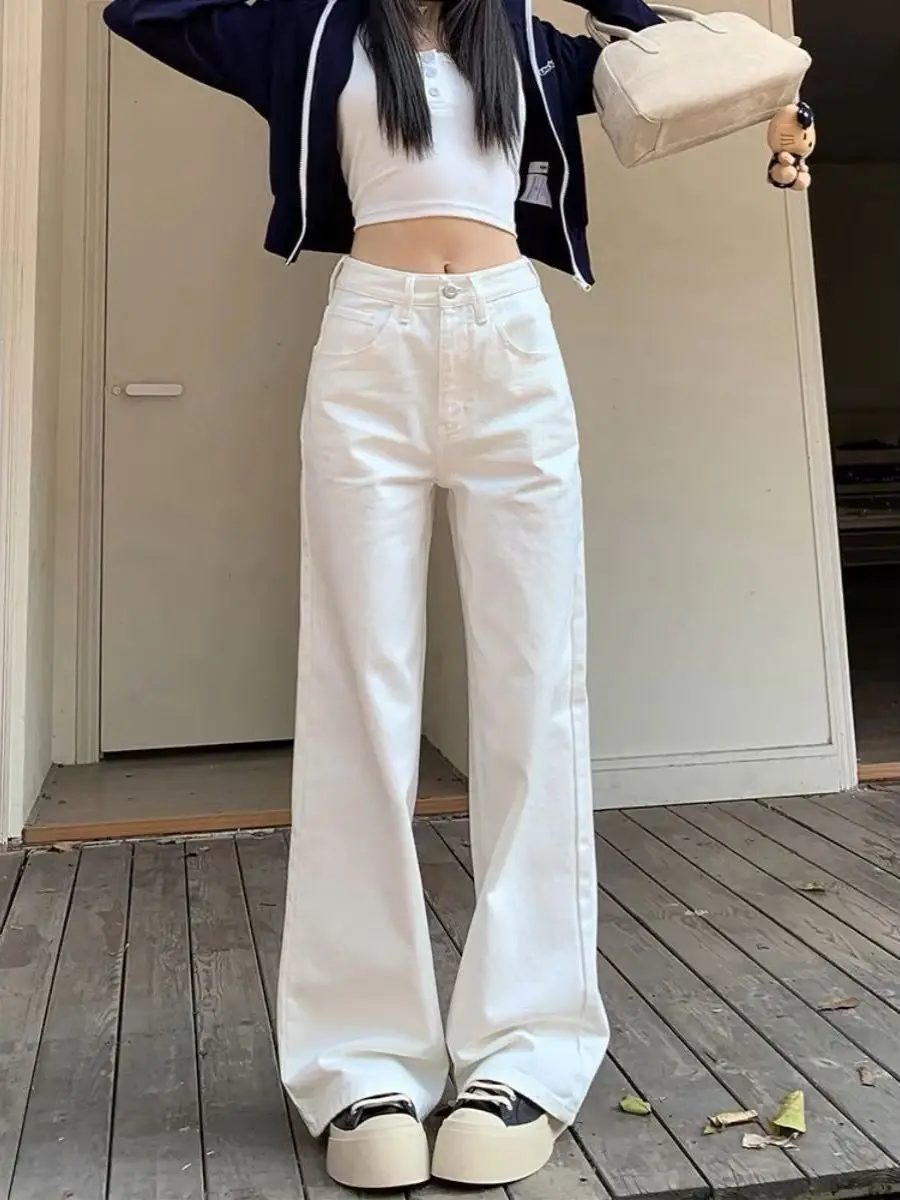 

High Waist Wide Leg Jeans Women's Spring Summer Loose Fit Straight Cut Pants Versatile White Slimming Korean Style Jeans