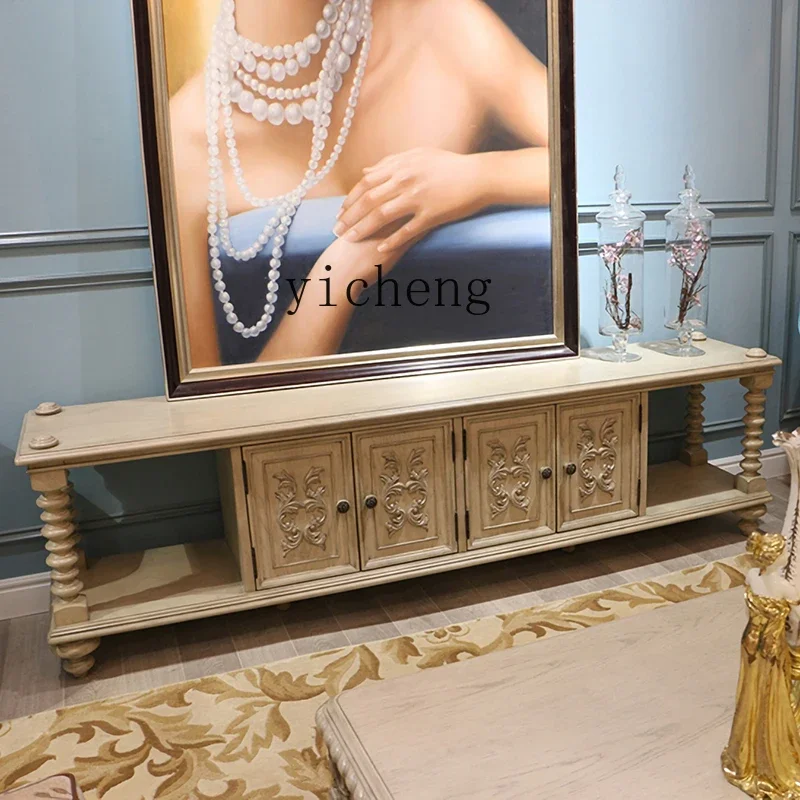 i10.9- French Retro Solid Wood Distressed TV Cabinet American Country Carved Light Luxury Villa Living Room