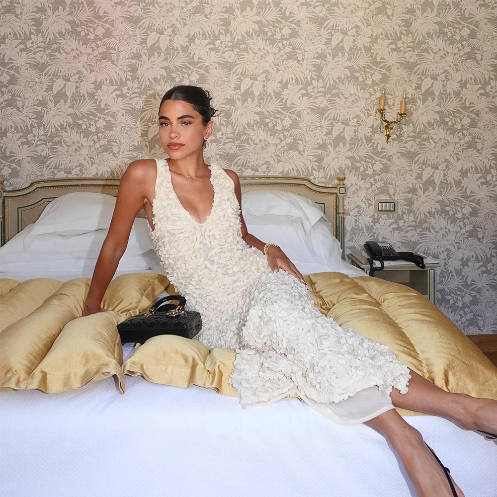 Oligai ฤดูร้อนชุดเจ้าสาวงานแต่งงานผู้หญิง 2025 V คอ 3D ดอกไม้เซ็กซี่ซาติน Slim Evening Party Dresses