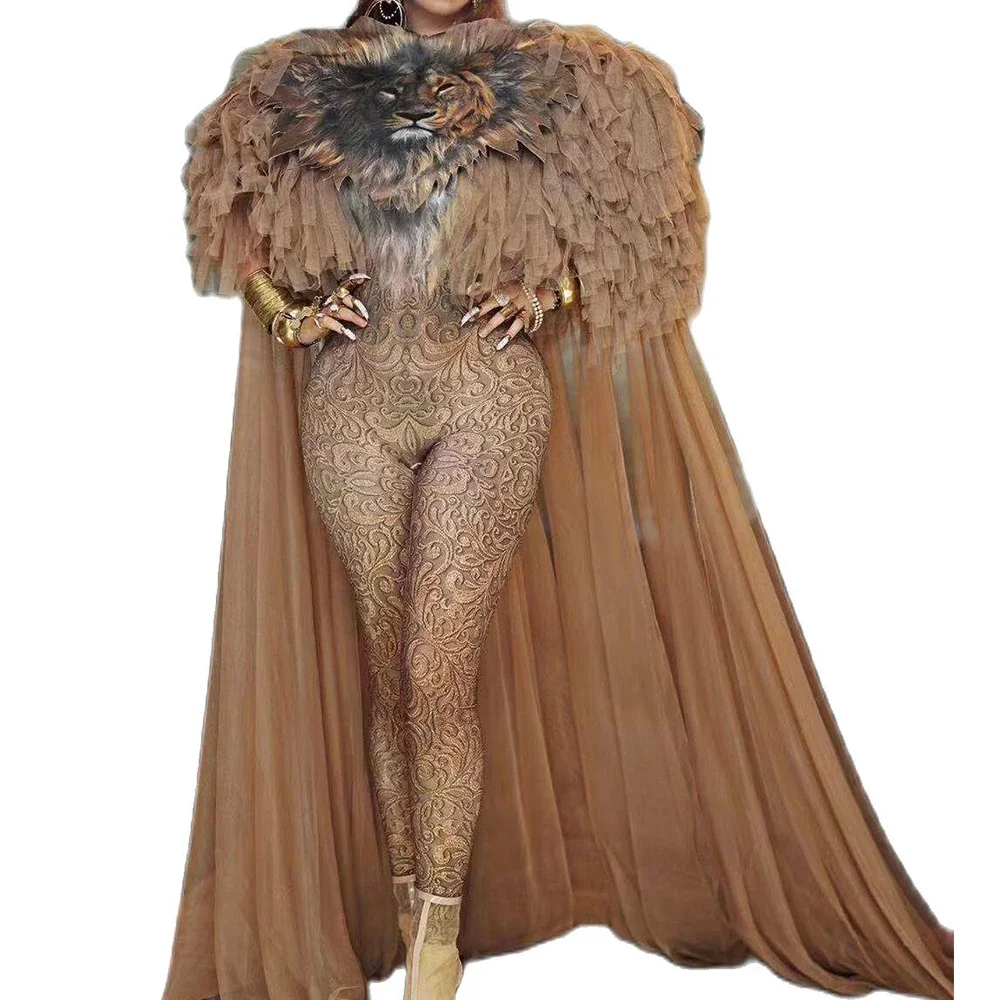 

Brown Lion Printing Sexy Jumpsuits With Long Gauze Trailing Fashion Show Model Clothing Stage Costumes Drag Queen Rave Outfits