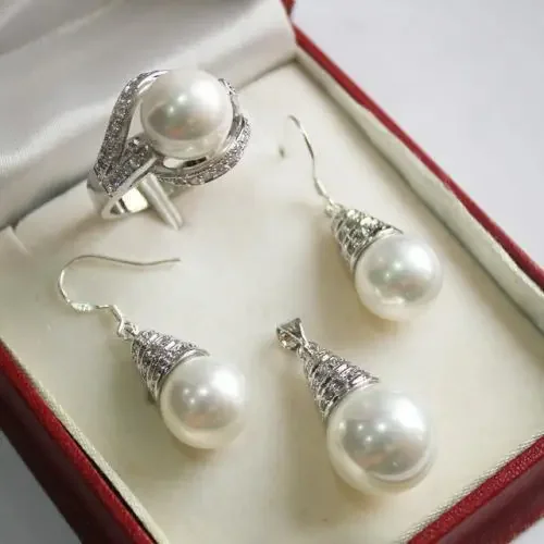 

1Set AAA 12mm White Shell Pearl Pendant Necklace Earrings Ring Set