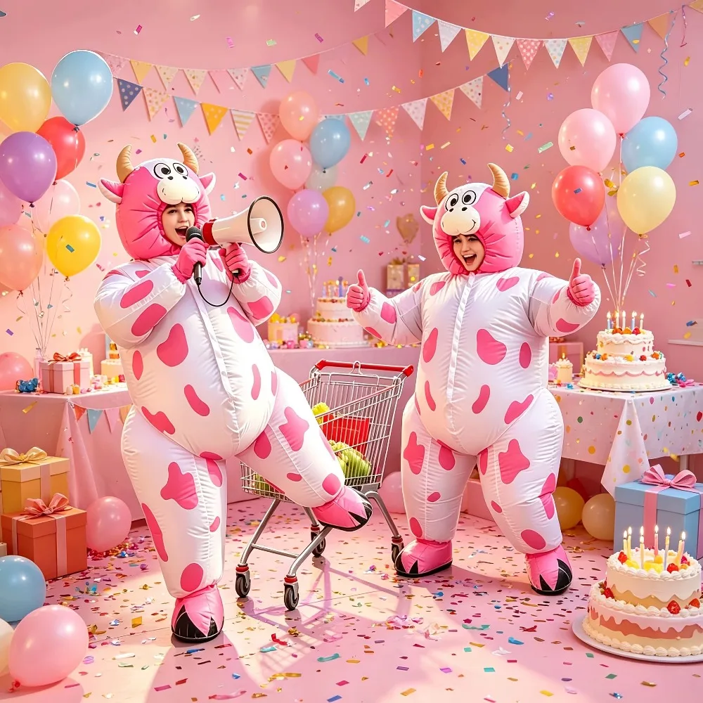 Déguisement amusant de vache rose gonflable, costume d’animal unisexe pour adultes, idéal pour les festivals, les bals masqués et les jeux de rôle. Piles non fournies.