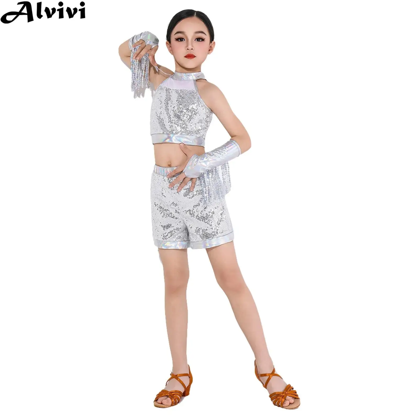 

Teen Girls Latin Jazz Dance Costume Cha-cha Samba Rumba Tango Outfit Halter Sequin Crop Top with Shorts Tassels Gloves Dancewear