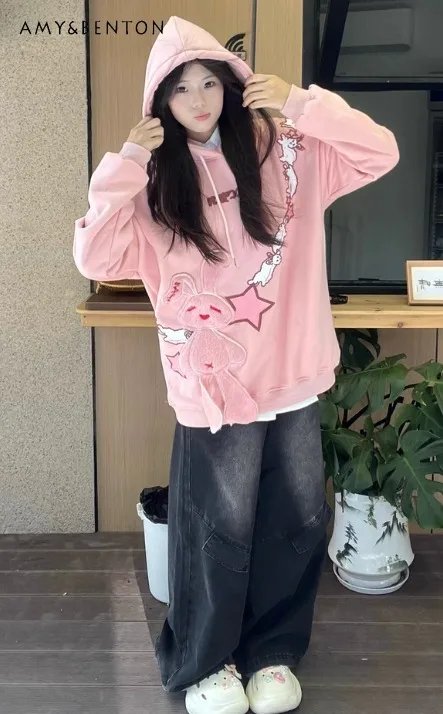 

2025 Spring and Autumn New Japanese Style Design Pink Hoodie for Women Loose College Style Black Couple's Fleece Jacket