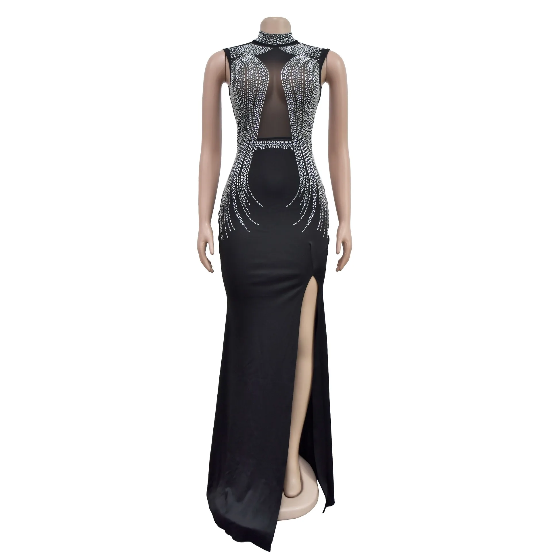 Sexy Party Party Club Nightclub Banquet Pure Color Mesh Hot Drilling Split Long Dresses
