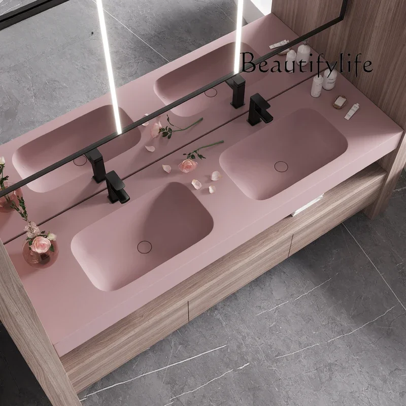 X36 Pink Matte Qimei Stone Basin Integrated Wall-mounted Bathroom Cabinet Wash Basin Custom
